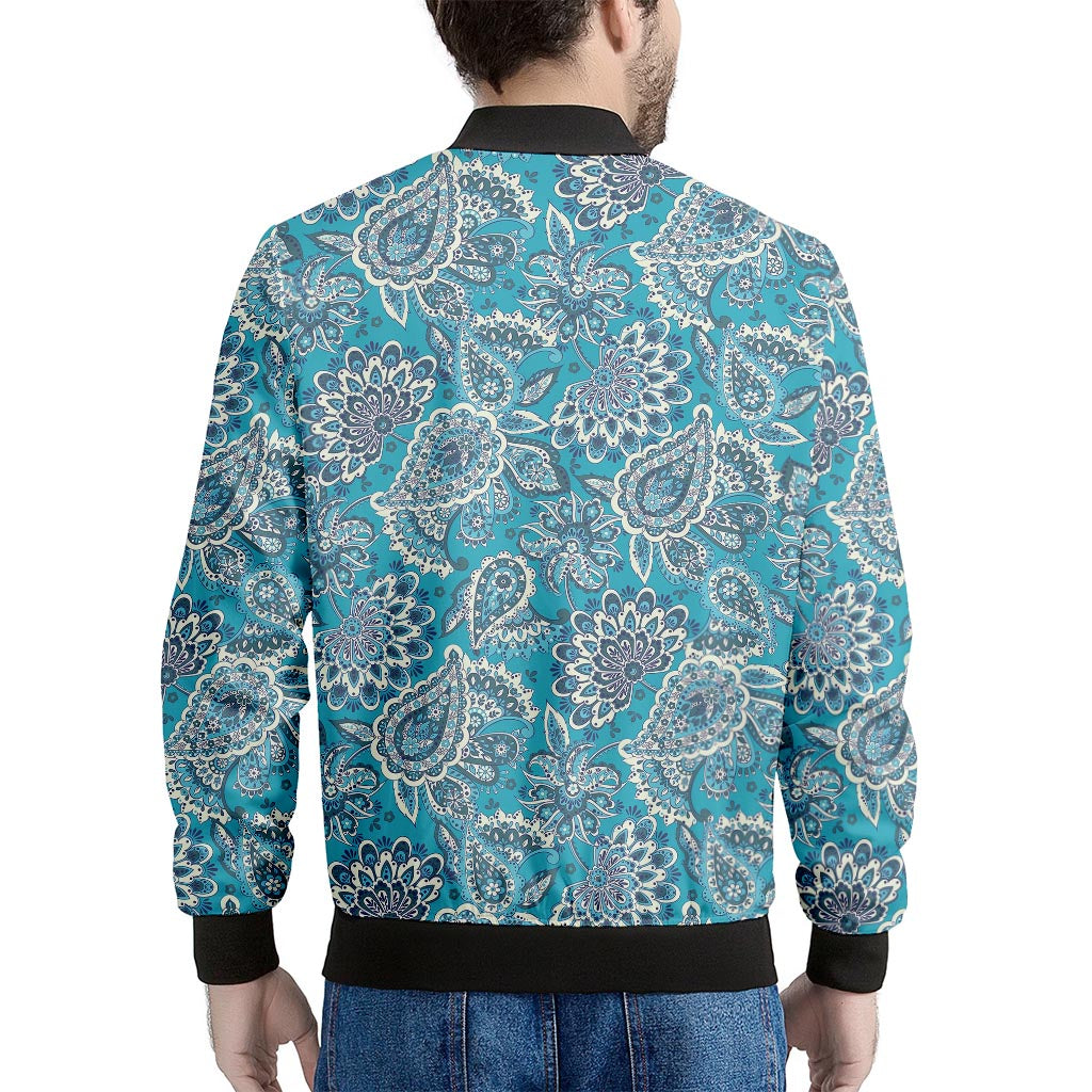 Turquoise Floral Bohemian Pattern Print Men's Bomber Jacket