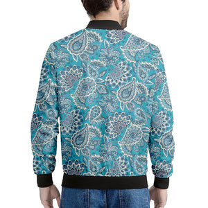 Turquoise Floral Bohemian Pattern Print Men's Bomber Jacket