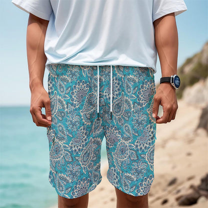 Turquoise Floral Bohemian Pattern Print Men's Cargo Shorts