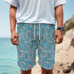 Turquoise Floral Bohemian Pattern Print Men's Cargo Shorts