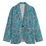 Turquoise Floral Bohemian Pattern Print Men's Cotton Blazer