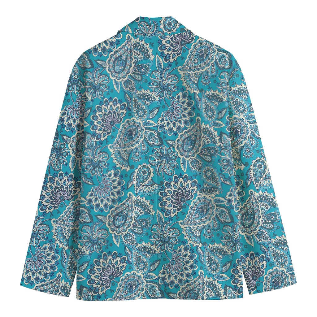 Turquoise Floral Bohemian Pattern Print Men's Cotton Blazer
