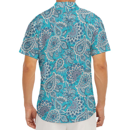 Turquoise Floral Bohemian Pattern Print Men's Deep V-Neck Shirt
