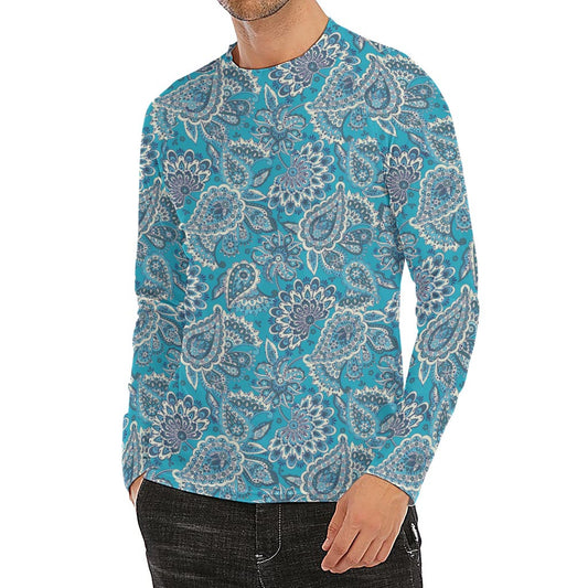 Turquoise Floral Bohemian Pattern Print Men's Long Sleeve Rash Guard