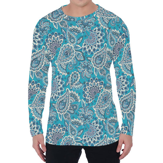 Turquoise Floral Bohemian Pattern Print Men's Long Sleeve T-Shirt