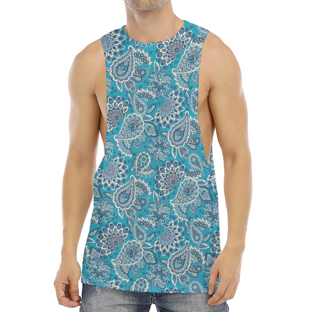 Turquoise Floral Bohemian Pattern Print Men's Muscle Tank Top