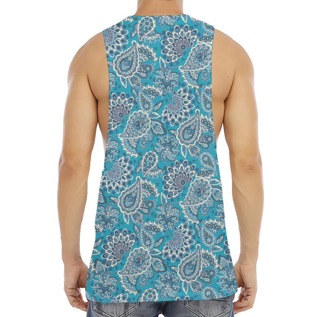 Turquoise Floral Bohemian Pattern Print Men's Muscle Tank Top