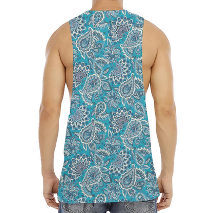 Turquoise Floral Bohemian Pattern Print Men's Muscle Tank Top