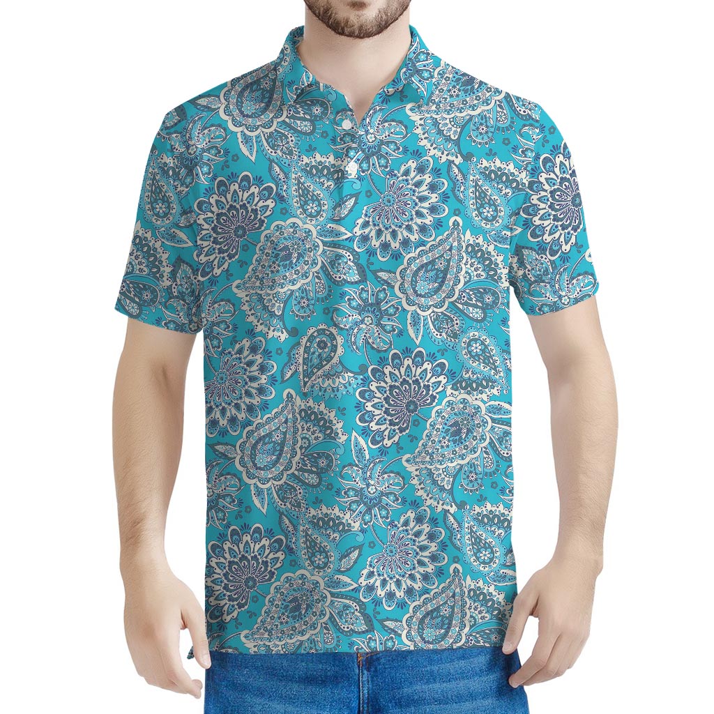 Turquoise Floral Bohemian Pattern Print Men's Polo Shirt