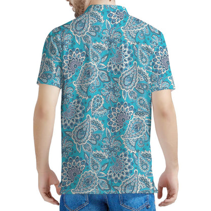 Turquoise Floral Bohemian Pattern Print Men's Polo Shirt