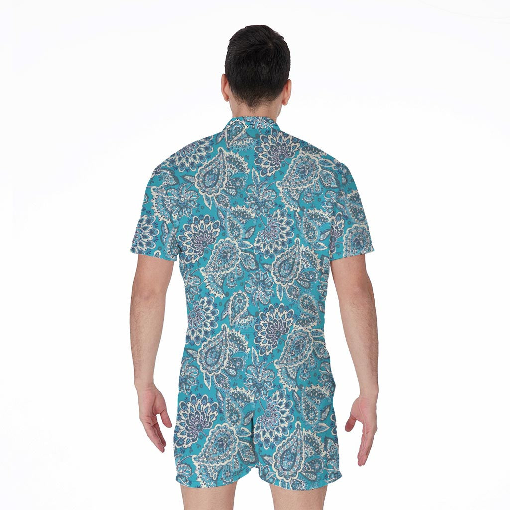 Turquoise Floral Bohemian Pattern Print Men's Rompers