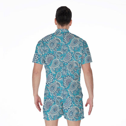 Turquoise Floral Bohemian Pattern Print Men's Rompers