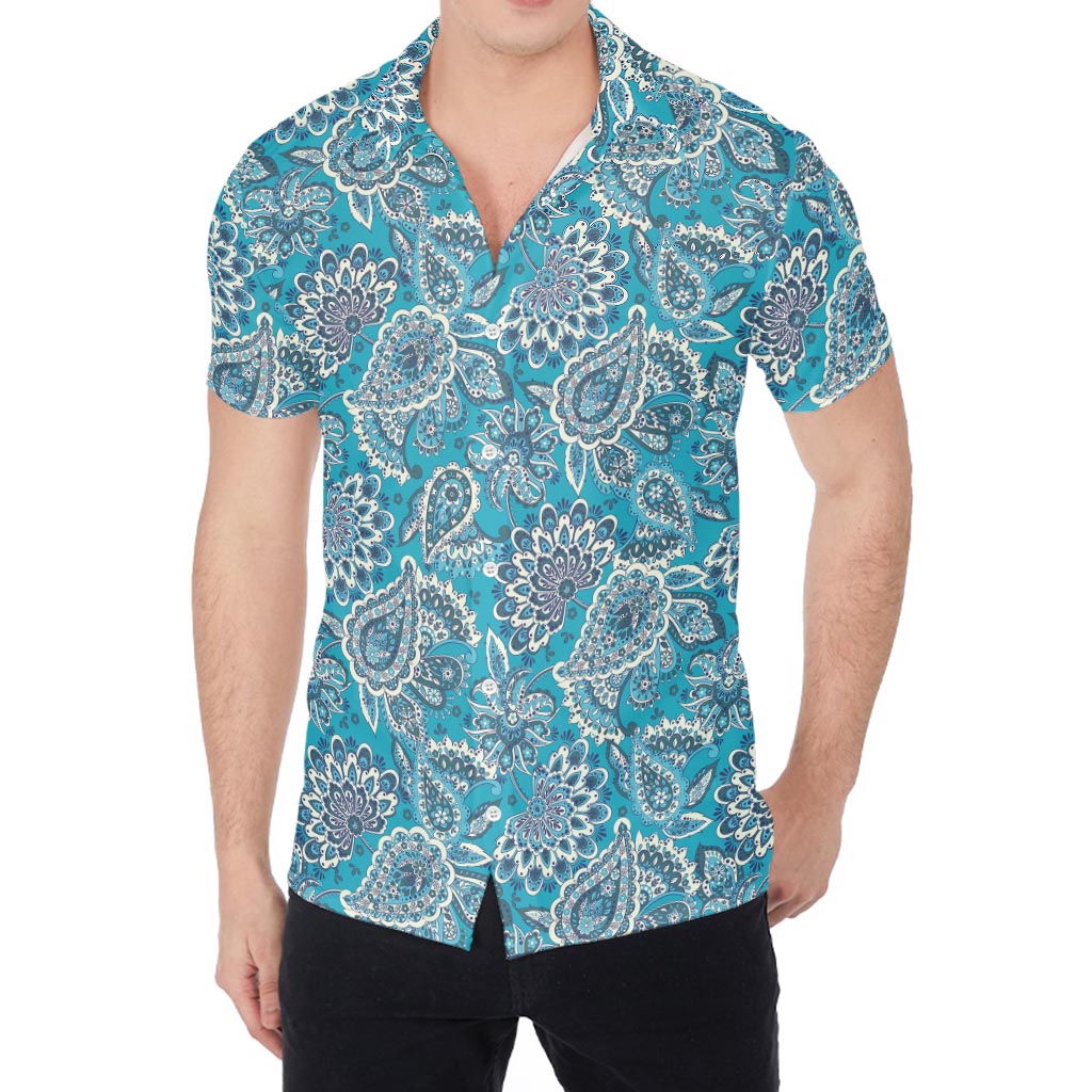 Turquoise Floral Bohemian Pattern Print Men's Shirt