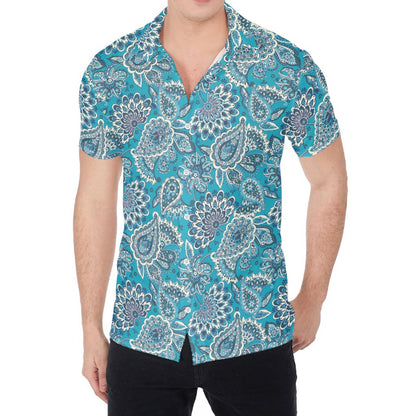 Turquoise Floral Bohemian Pattern Print Men's Shirt