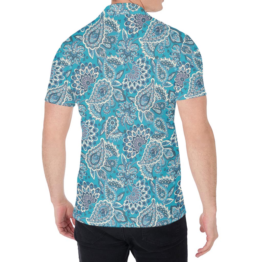 Turquoise Floral Bohemian Pattern Print Men's Shirt