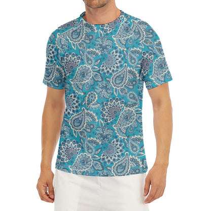 Turquoise Floral Bohemian Pattern Print Men's Short Sleeve Rash Guard