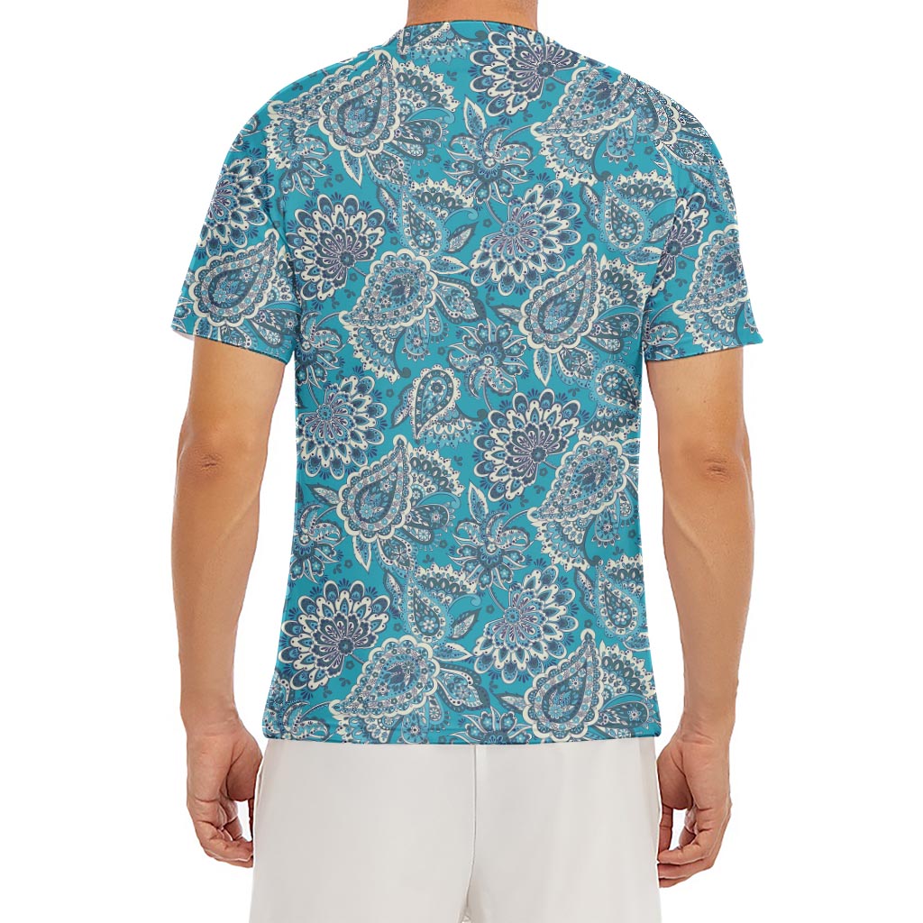 Turquoise Floral Bohemian Pattern Print Men's Short Sleeve Rash Guard
