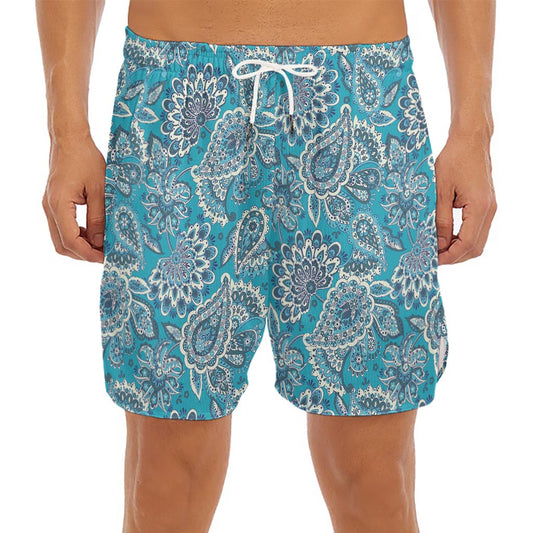 Turquoise Floral Bohemian Pattern Print Men's Split Running Shorts