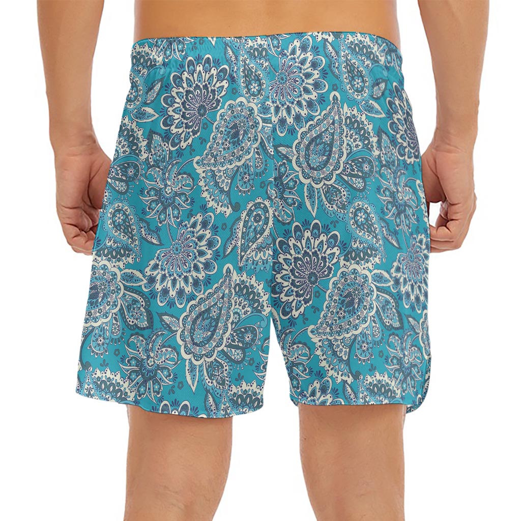 Turquoise Floral Bohemian Pattern Print Men's Split Running Shorts