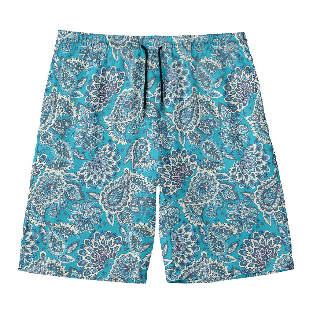 Turquoise Floral Bohemian Pattern Print Men's Swim Trunks