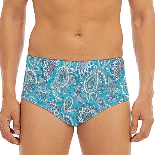 Turquoise Floral Bohemian Pattern Print Men's Triangle Swim Briefs