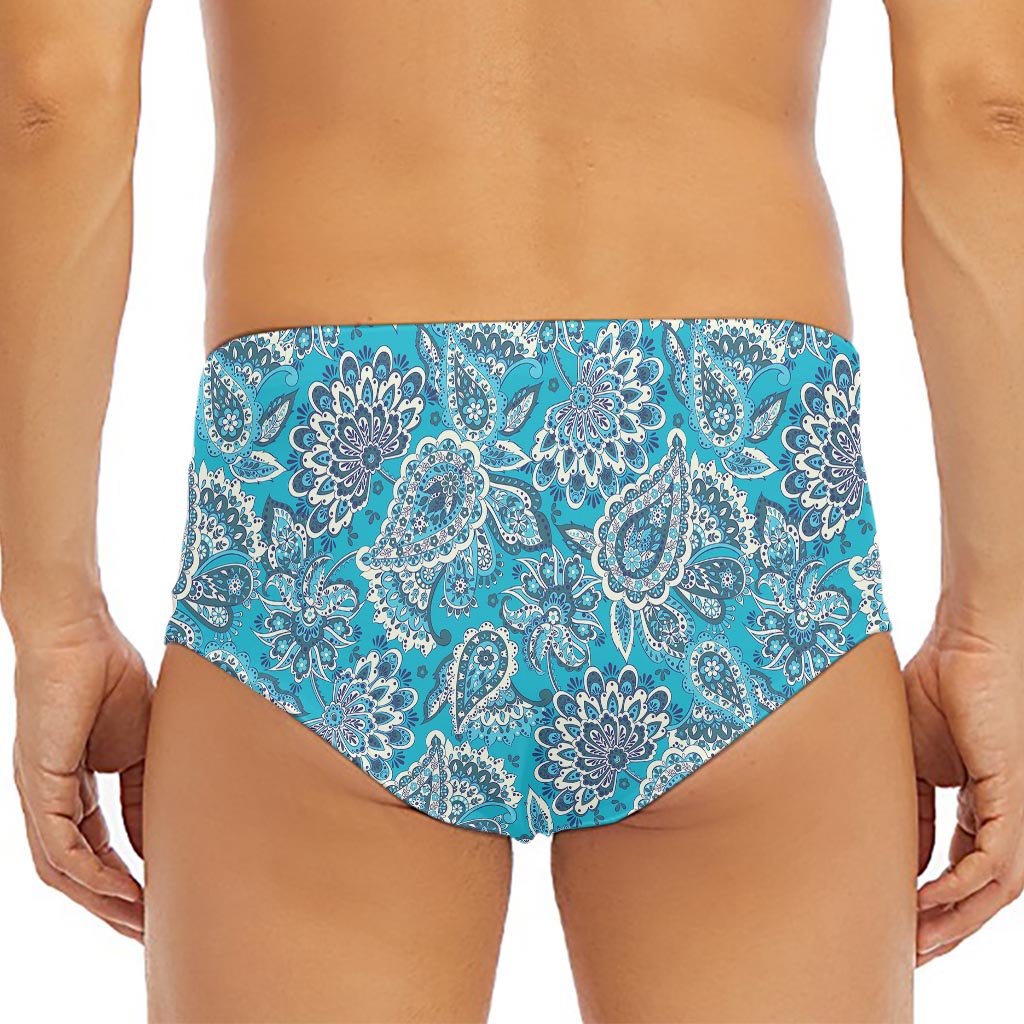 Turquoise Floral Bohemian Pattern Print Men's Triangle Swim Briefs