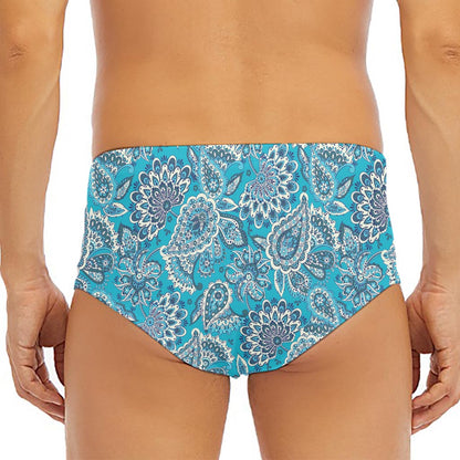 Turquoise Floral Bohemian Pattern Print Men's Triangle Swim Briefs