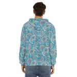 Turquoise Floral Bohemian Pattern Print Men's Velvet Pullover Hoodie