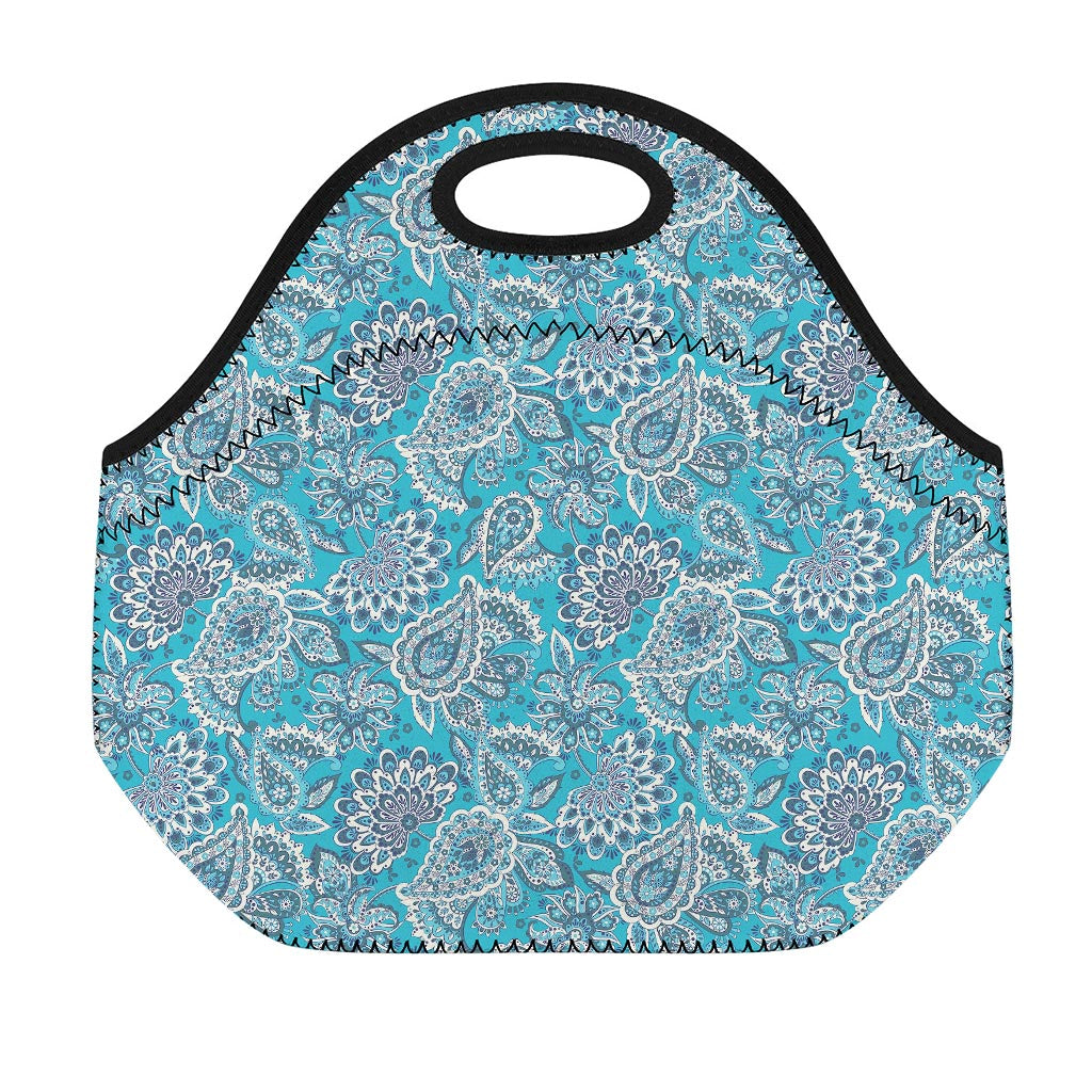 Turquoise Floral Bohemian Pattern Print Neoprene Lunch Bag