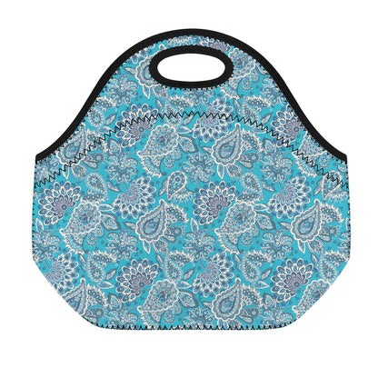Turquoise Floral Bohemian Pattern Print Neoprene Lunch Bag