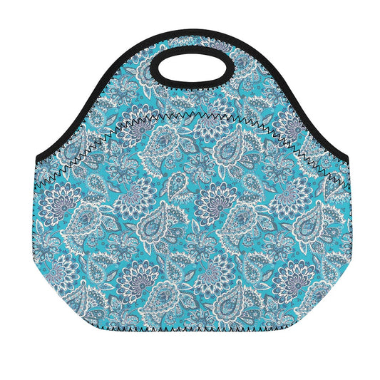 Turquoise Floral Bohemian Pattern Print Neoprene Lunch Bag
