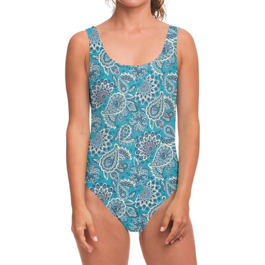 Turquoise Floral Bohemian Pattern Print One Piece Swimsuit