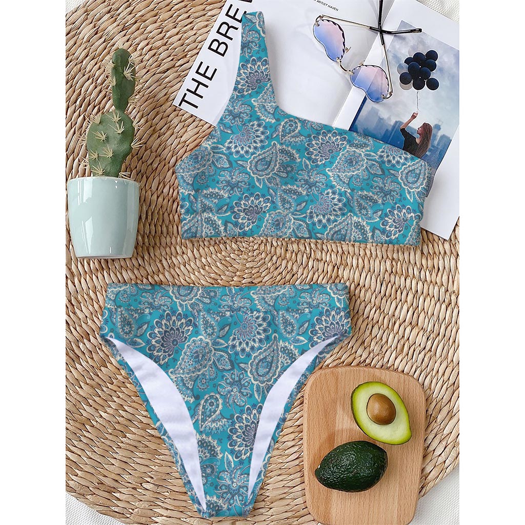Turquoise Floral Bohemian Pattern Print One Shoulder Bikini Top