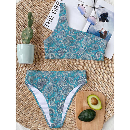 Turquoise Floral Bohemian Pattern Print One Shoulder Bikini Top