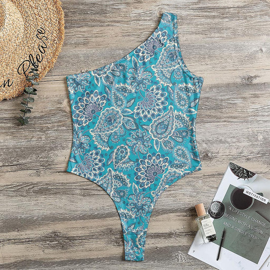 Turquoise Floral Bohemian Pattern Print One Shoulder Bodysuit