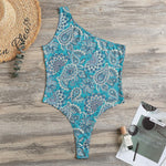Turquoise Floral Bohemian Pattern Print One Shoulder Bodysuit