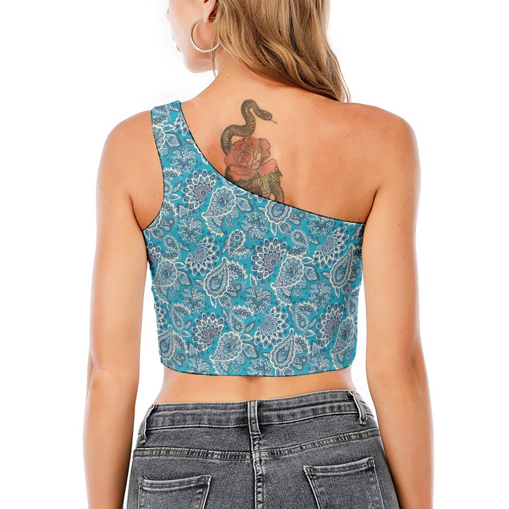 Turquoise Floral Bohemian Pattern Print One Shoulder Crop Top