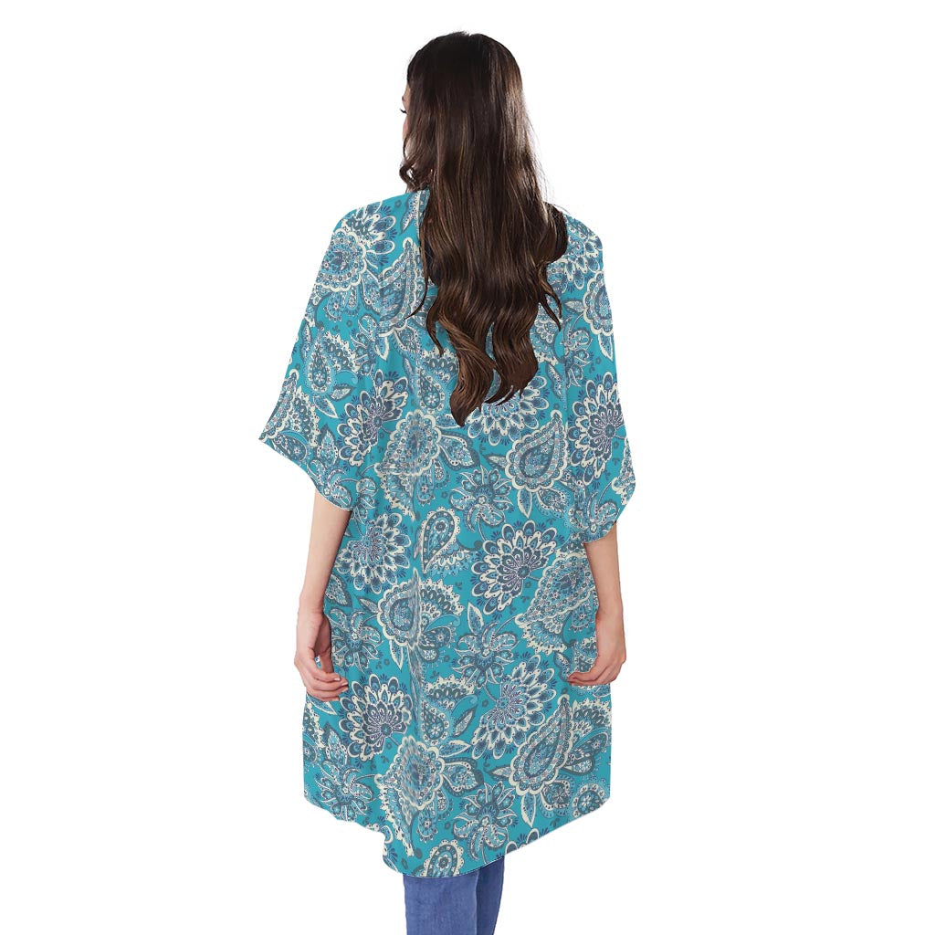Turquoise Floral Bohemian Pattern Print Open Front Beach Cover Up