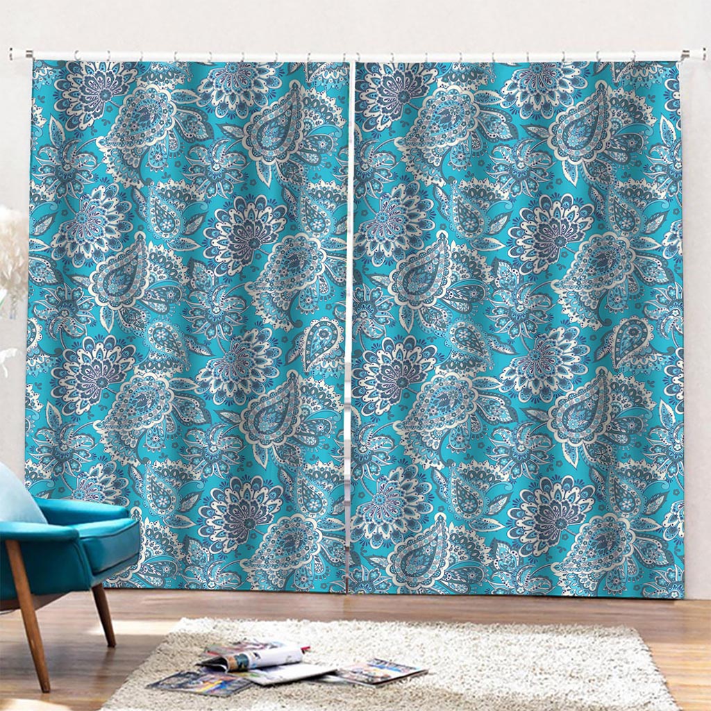 Turquoise Floral Bohemian Pattern Print Pencil Pleat Curtains