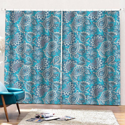 Turquoise Floral Bohemian Pattern Print Pencil Pleat Curtains