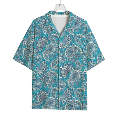 Turquoise Floral Bohemian Pattern Print Rayon Hawaiian Shirt