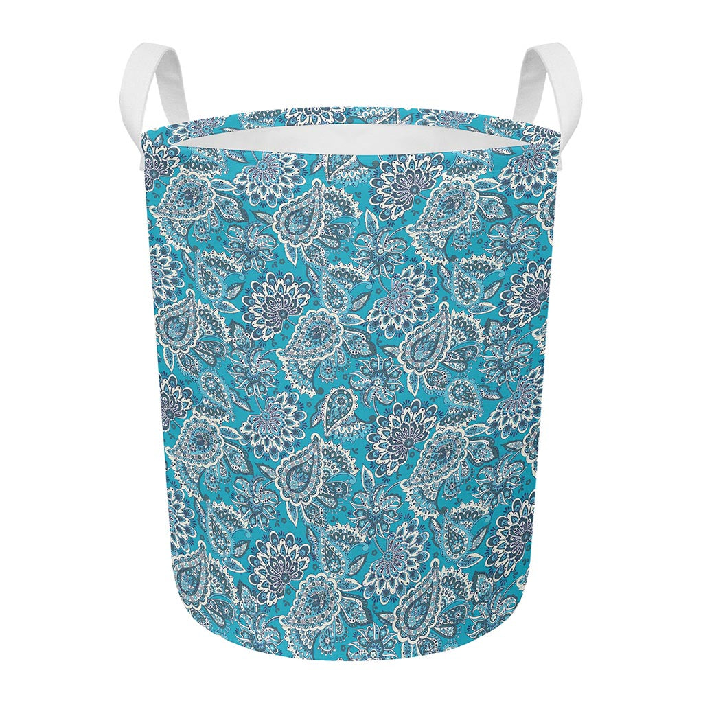 Turquoise Floral Bohemian Pattern Print Round Laundry Basket