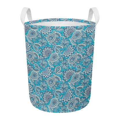 Turquoise Floral Bohemian Pattern Print Round Laundry Basket
