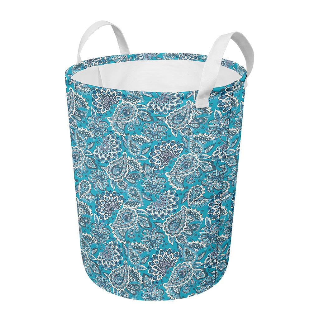 Turquoise Floral Bohemian Pattern Print Round Laundry Basket