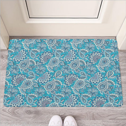 Turquoise Floral Bohemian Pattern Print Rubber Doormat