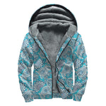 Turquoise Floral Bohemian Pattern Print Sherpa Lined Zip Up Hoodie