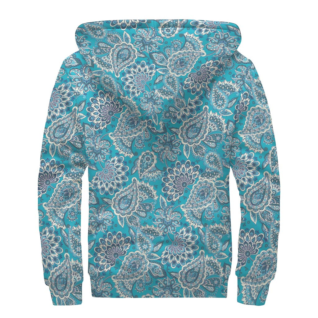 Turquoise Floral Bohemian Pattern Print Sherpa Lined Zip Up Hoodie