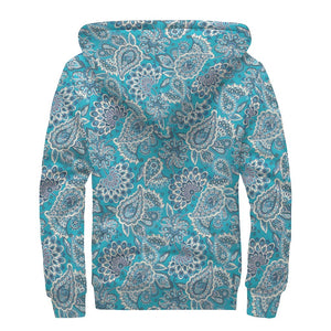 Turquoise Floral Bohemian Pattern Print Sherpa Lined Zip Up Hoodie