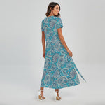 Turquoise Floral Bohemian Pattern Print Short Sleeve Maxi Dress