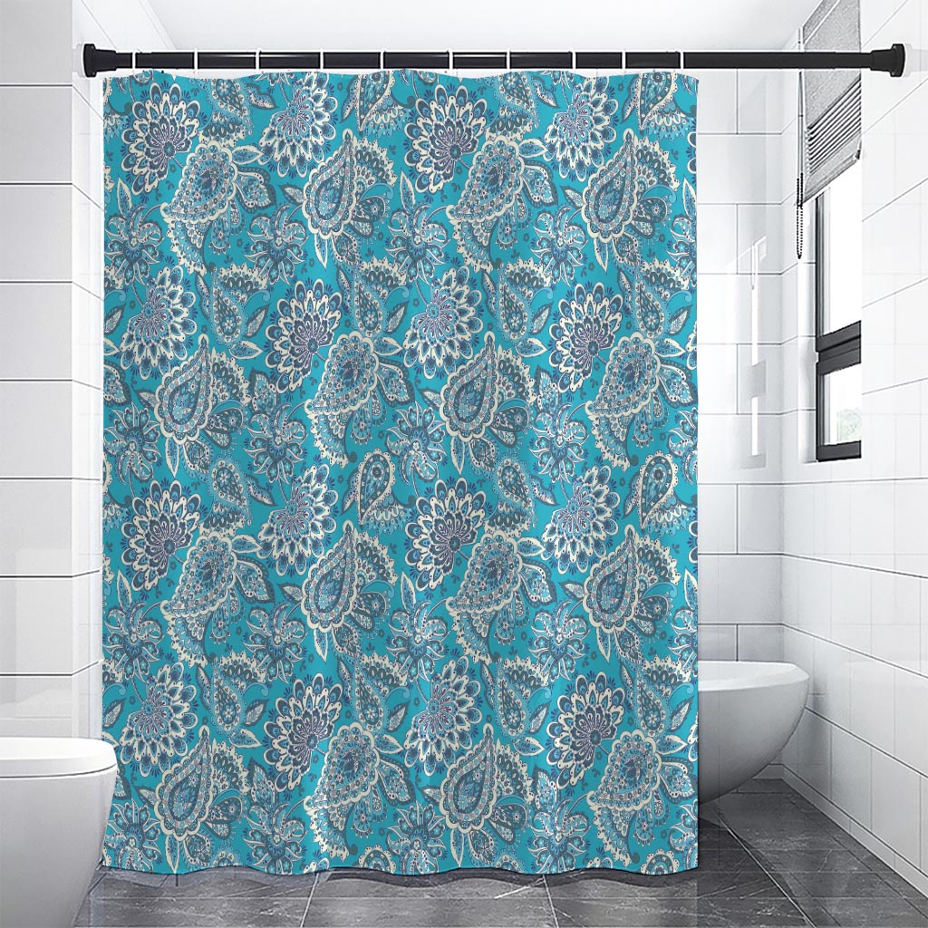 Turquoise Floral Bohemian Pattern Print Shower Curtain